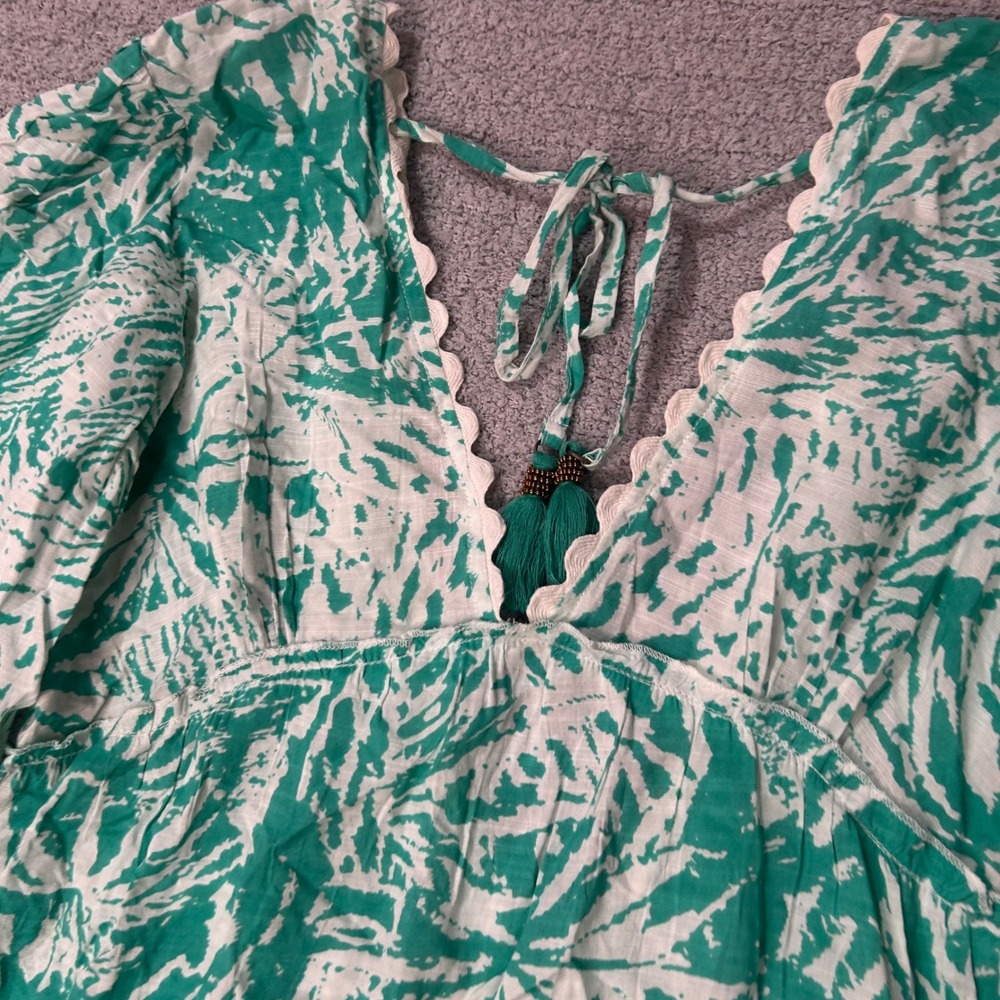 Blue Island Mini Dress Boho Tiered XS Seagreen Tropical Beach Tassel Crochet - Picture 2 of 7